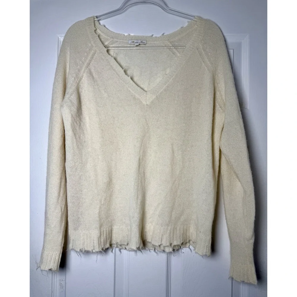 Minnie Rose 100% Cashmere Distressed V Neck Sweater Ivory Women's M Soft